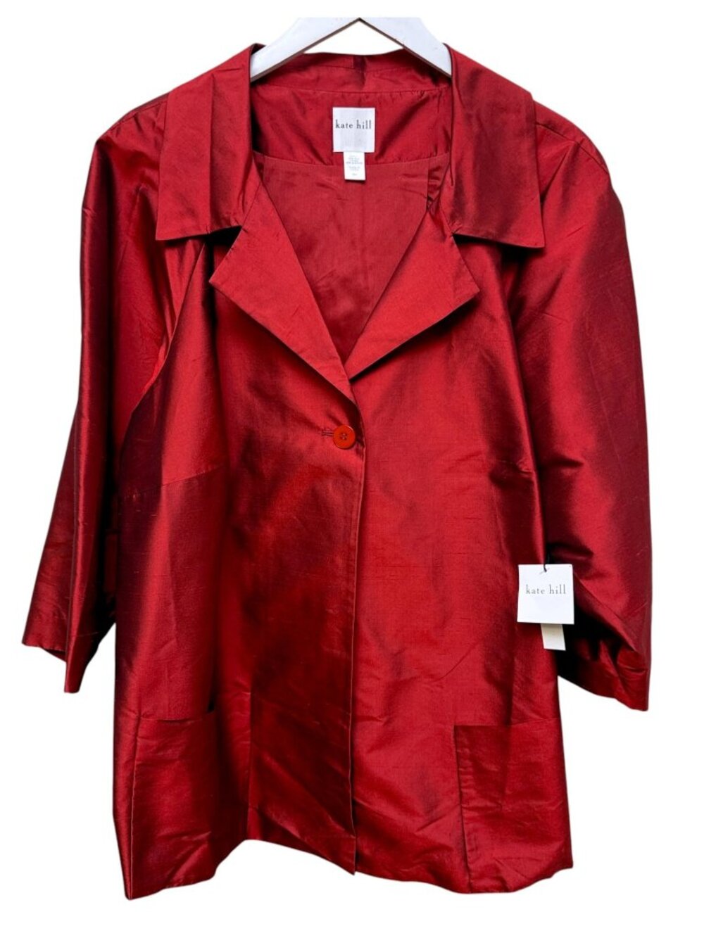 KATE HILL 100% Silk Jacket Size 16W Red Modern Evening Blazer Holiday Artsy NWT